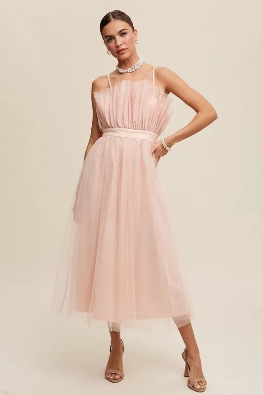 Paper Bag Frill Tulle Midi Dress