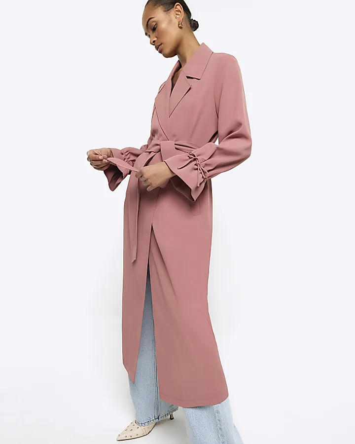 Pink tie cuff belted duster coat