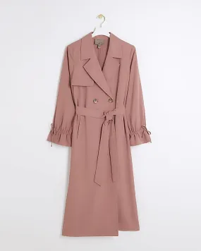 Pink tie cuff belted duster coat