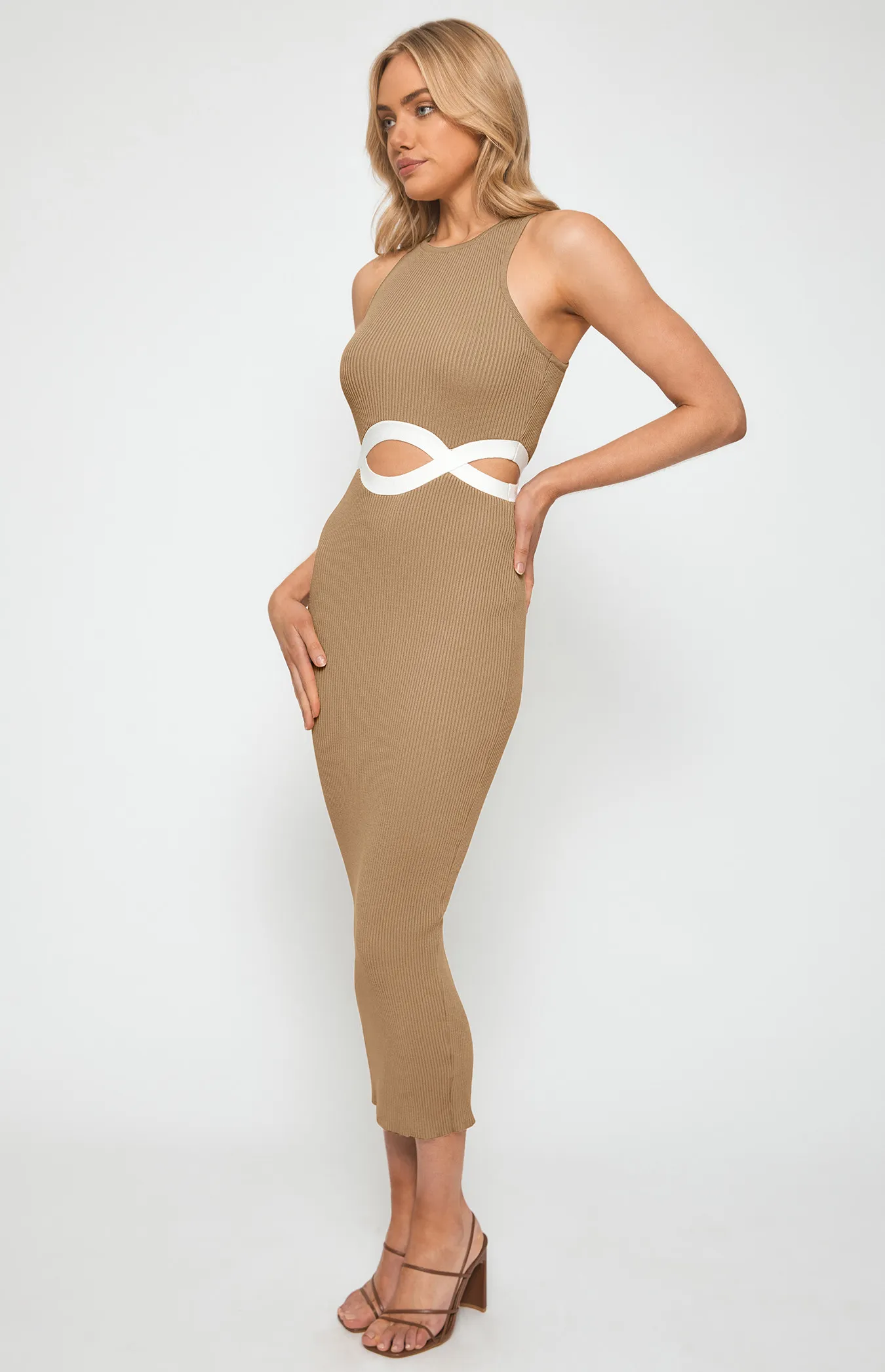 Racer Neckline Knit Midi Dress with Waist Cut Out Details (SKN618) 