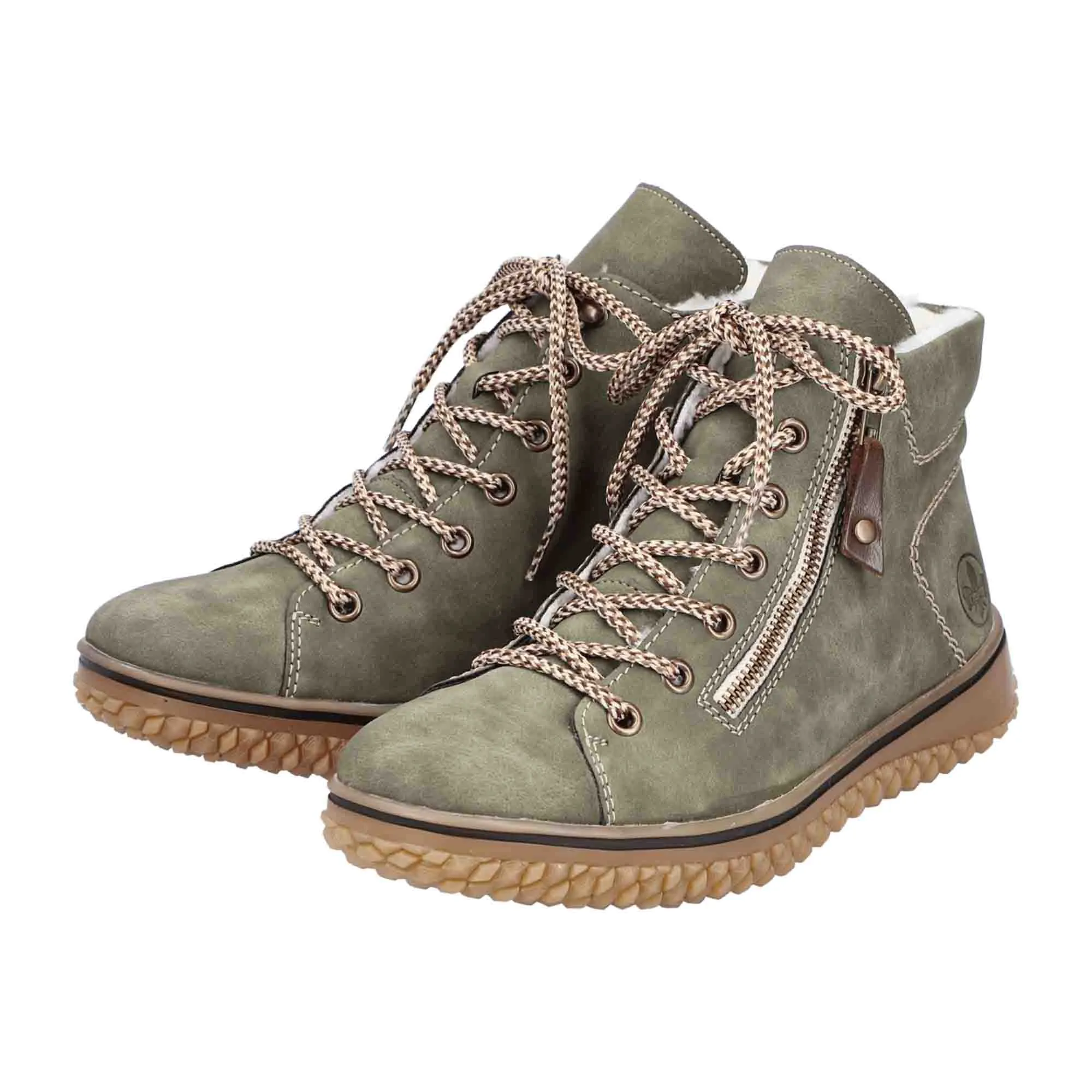 Rieker HWK Women's Olive Lace-Up Ankle Boots with Zipper and Warm Lining