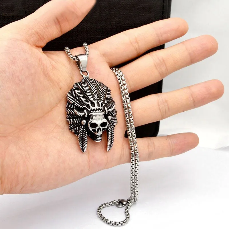 Skull with Feather Hat Headdress Necklace