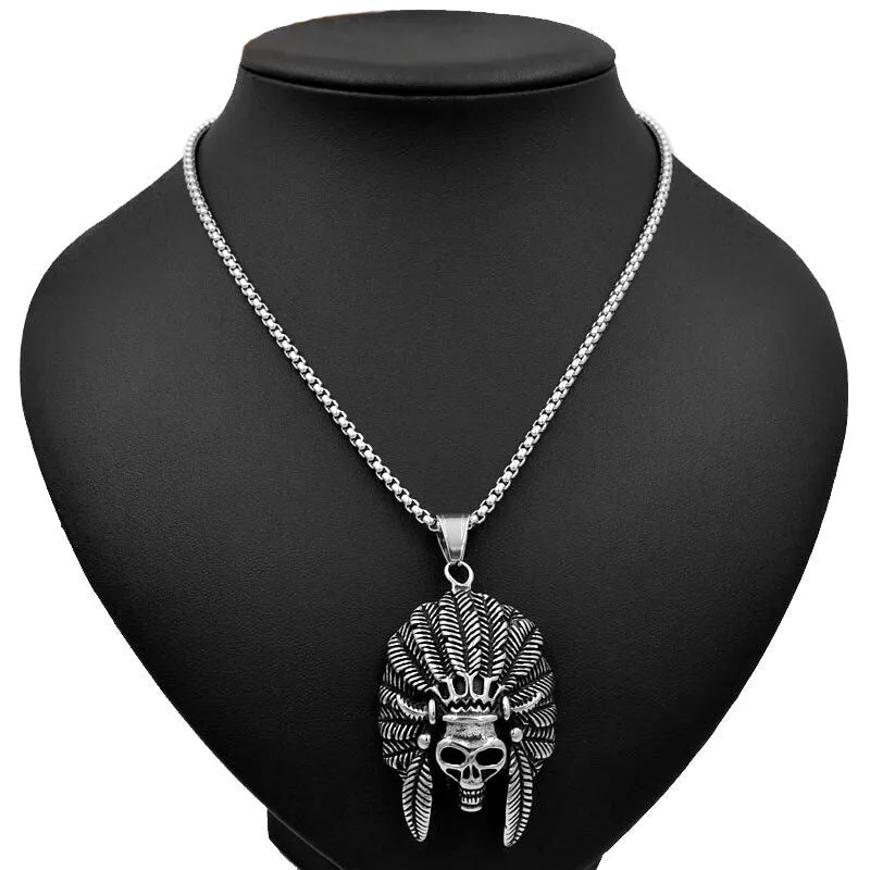 Skull with Feather Hat Headdress Necklace