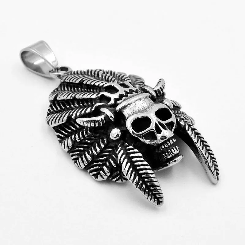 Skull with Feather Hat Headdress Necklace