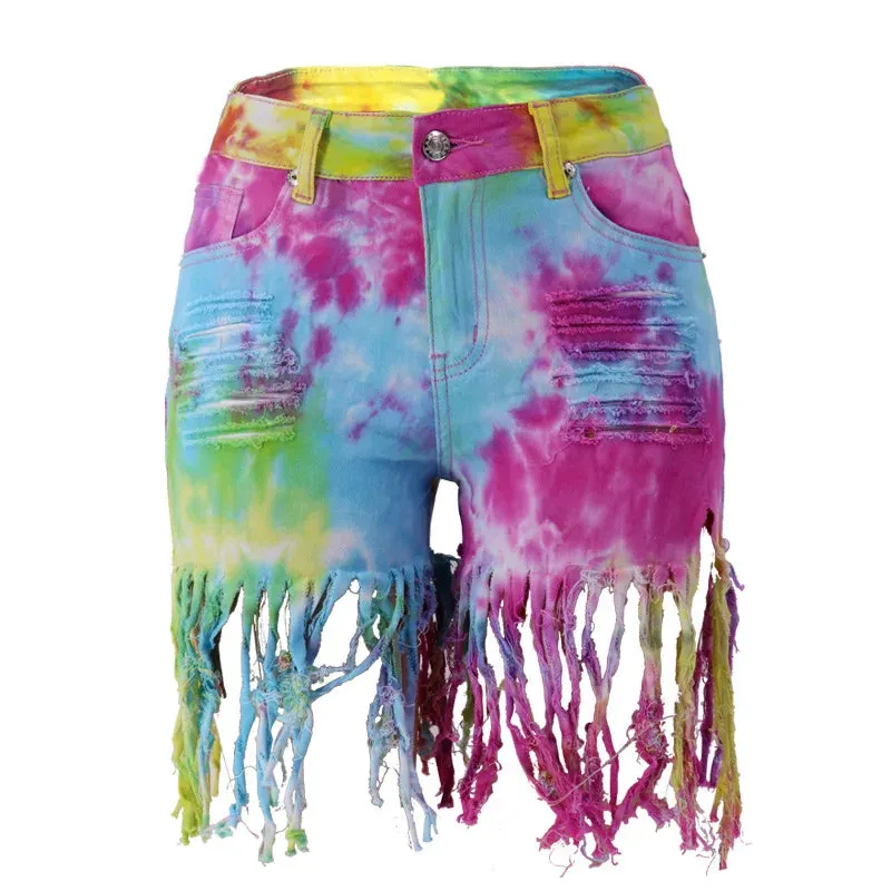 Summer Tie Dye Long Tassel Patchwork Pattern Denim Shorts for Women