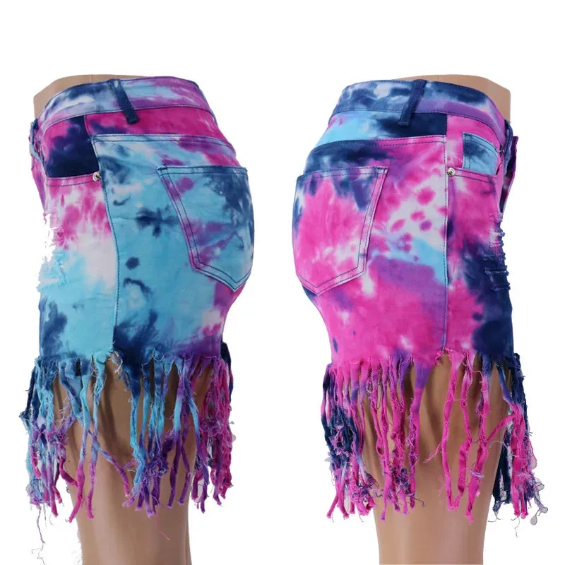 Summer Tie Dye Long Tassel Patchwork Pattern Denim Shorts for Women