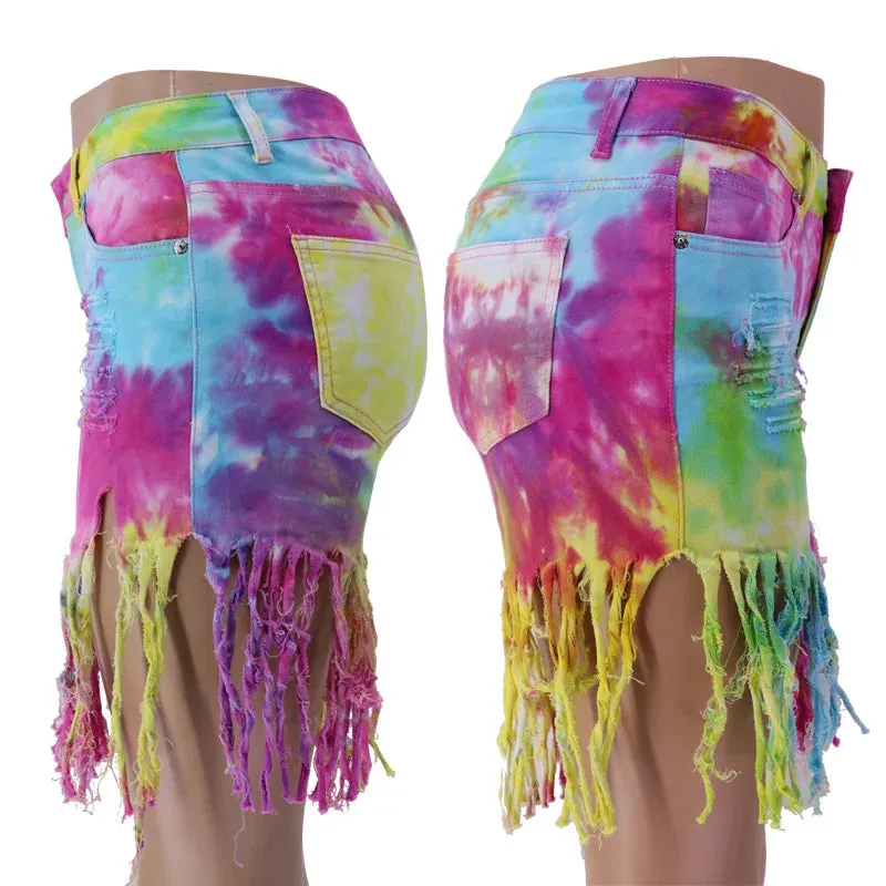 Summer Tie Dye Long Tassel Patchwork Pattern Denim Shorts for Women