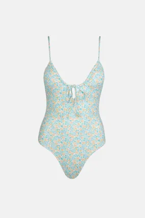 Sunburst Floral Tie Front One Piece Blue