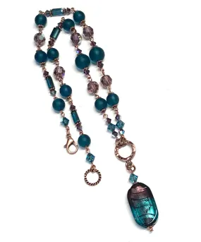 Teal and Purple Copper Necklace - Glass and Crystal Beads - Hand Linked Beaded Necklace