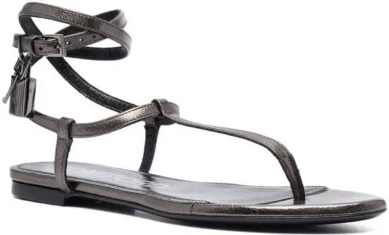 TOM FORD Padlock laminated-leather flat sandals Grey