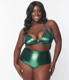 Unique Vintage Plus Size Metallic Emerald Monroe Halter Swim Top