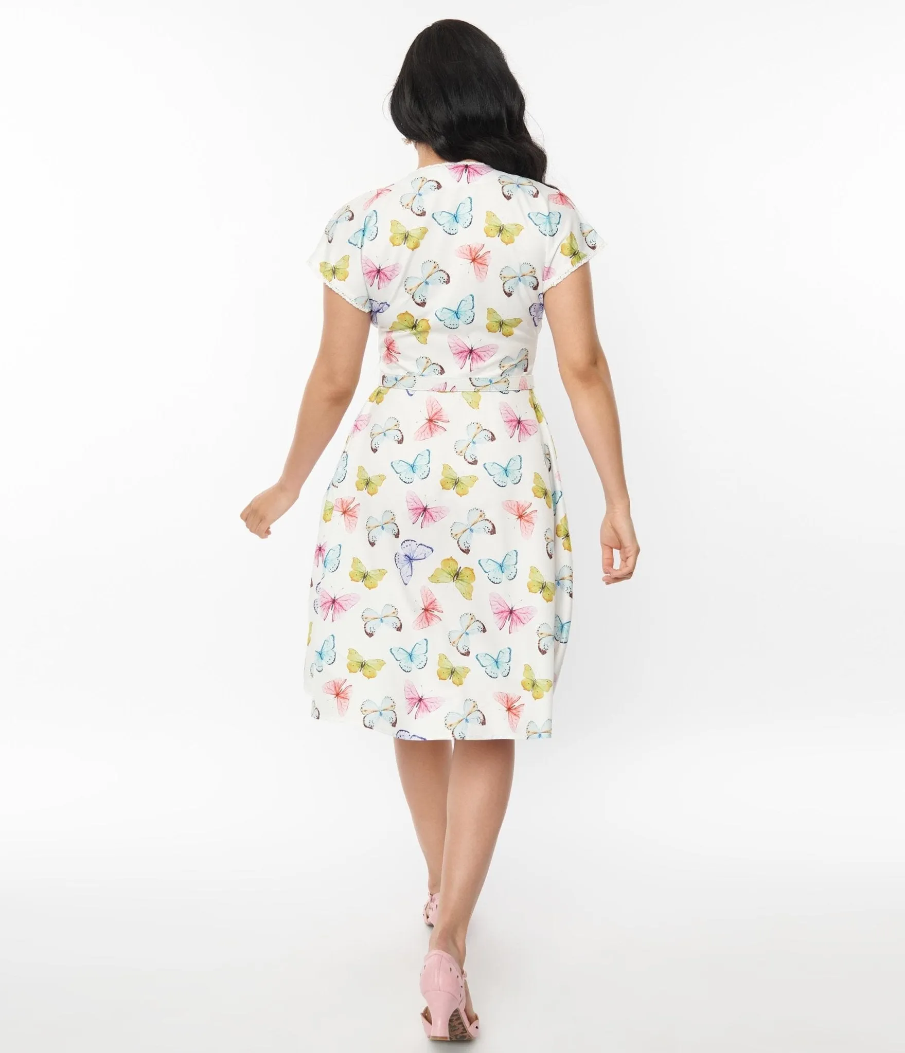 Unique Vintage White Butterfly Flutter Sleeve Swing Dress