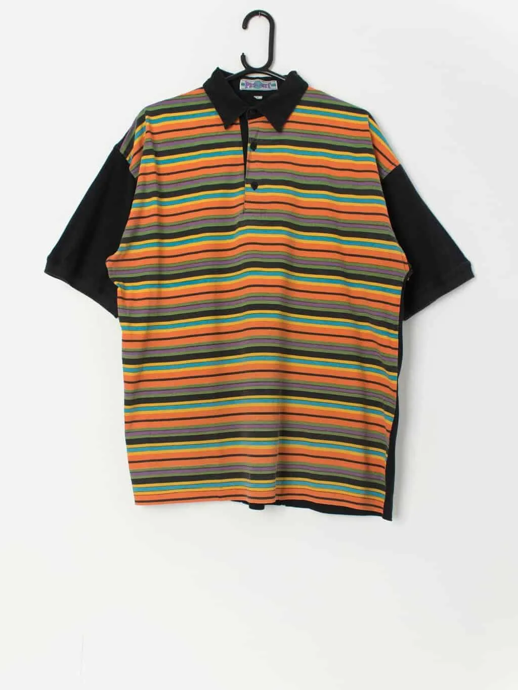 Vintage black polo shirt with multicoloured stripes – Large