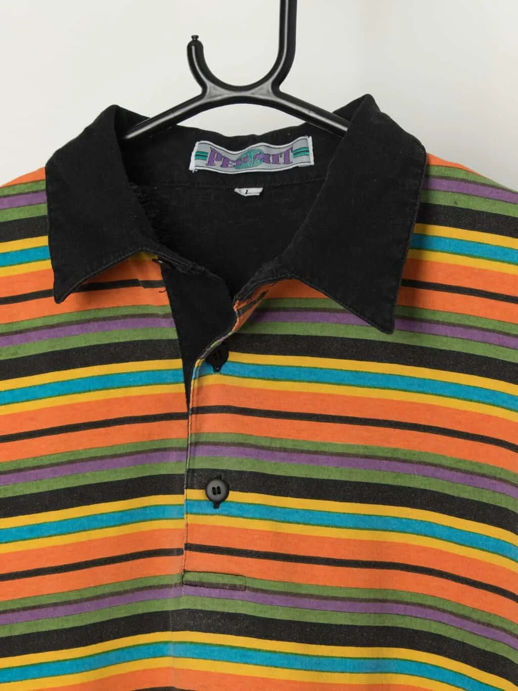 Vintage black polo shirt with multicoloured stripes – Large