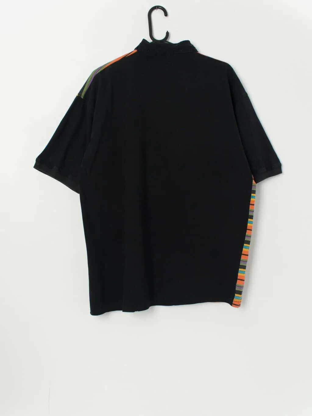 Vintage black polo shirt with multicoloured stripes – Large