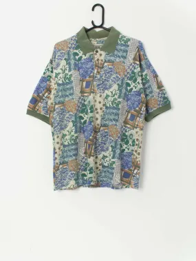 Vintage green polo shirt with funky design – Medium