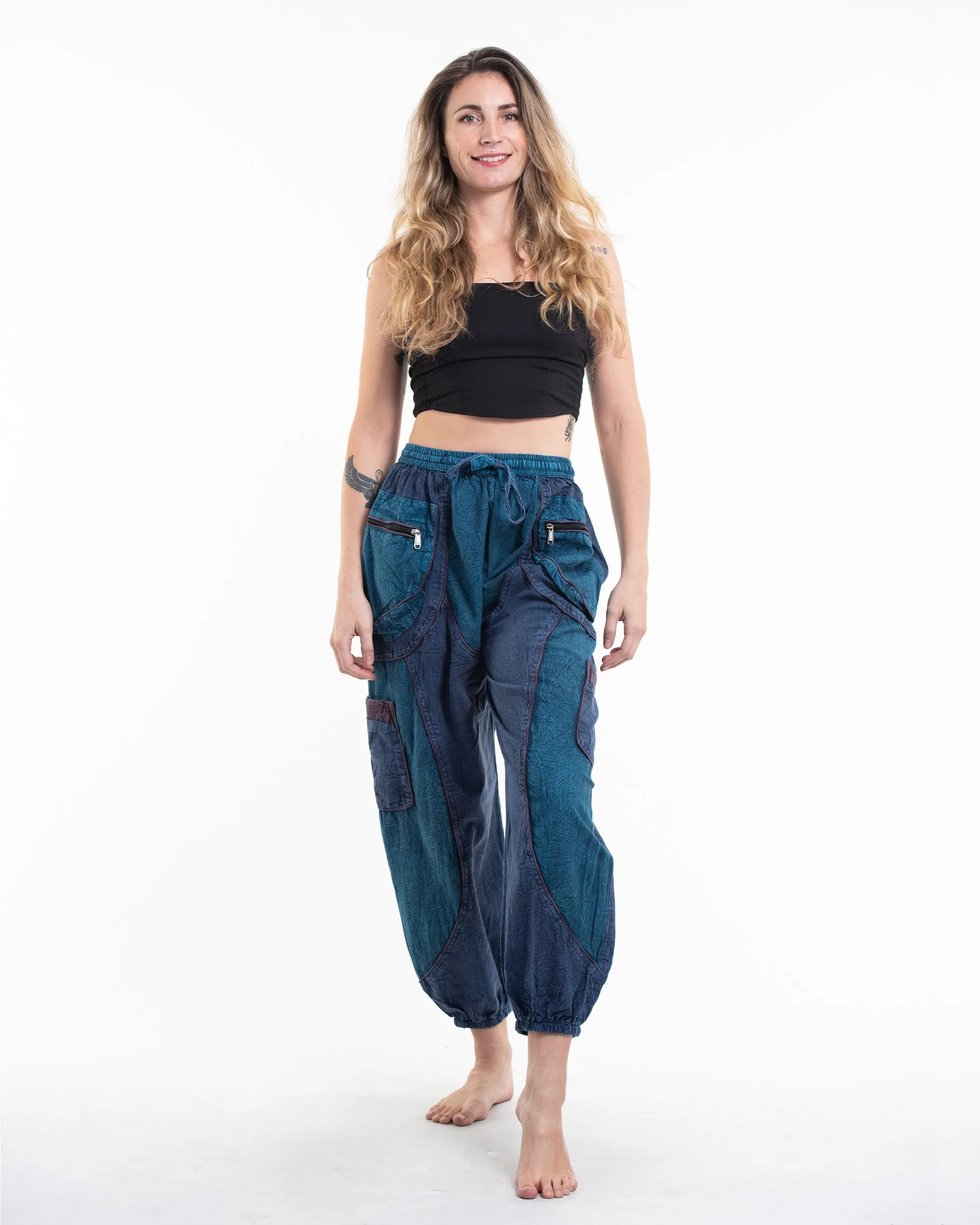 Women's Patchwork Stone Washed Cargo Cotton Pants in Navy 05