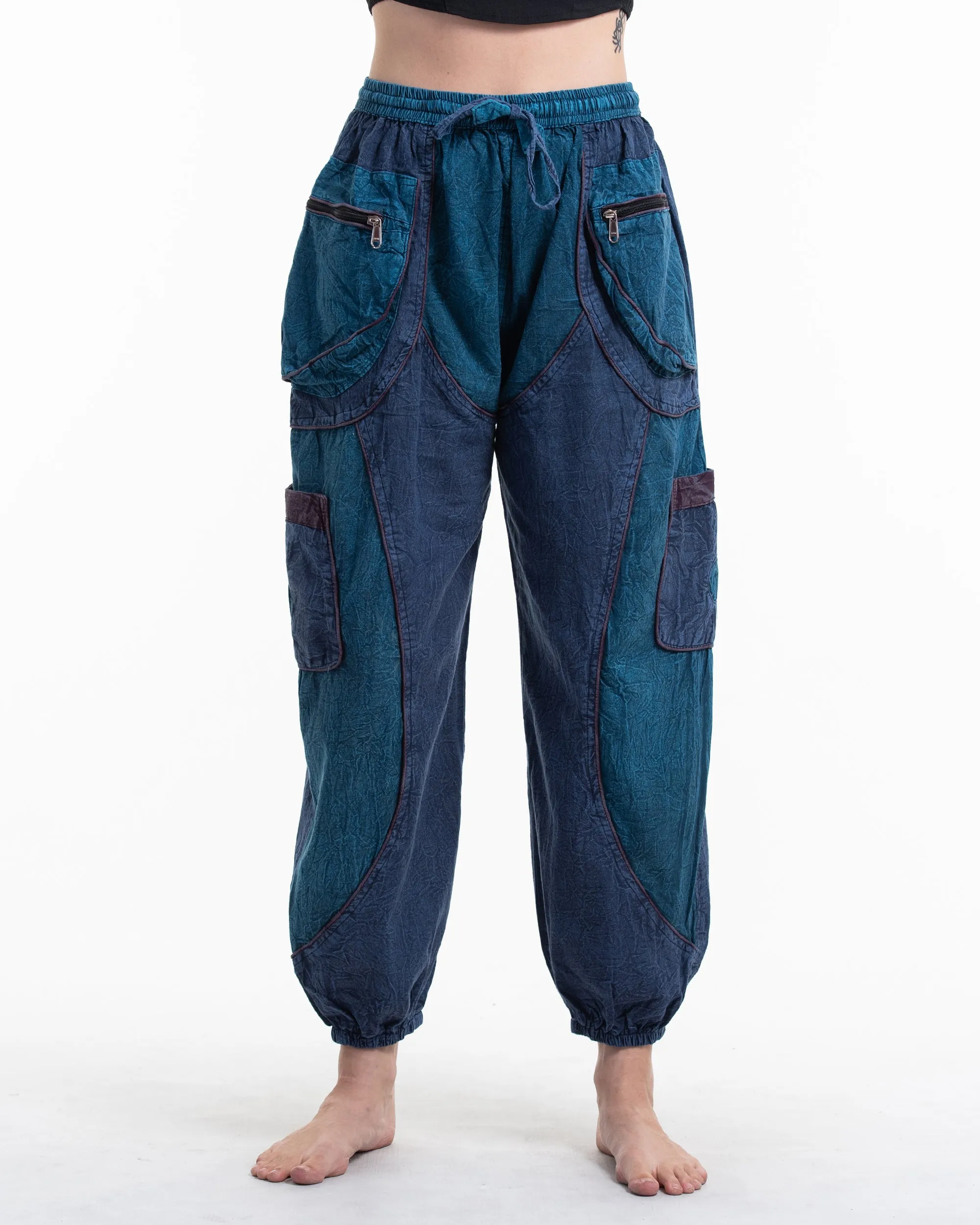 Women's Patchwork Stone Washed Cargo Cotton Pants in Navy 05