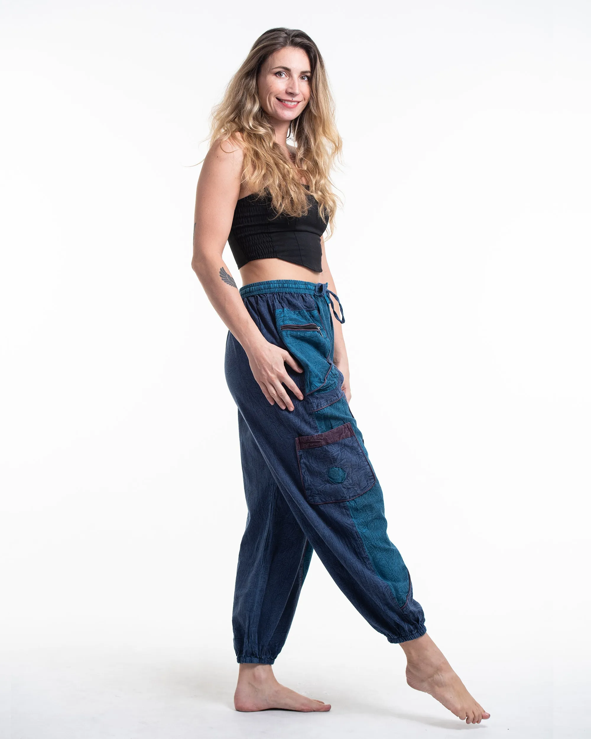 Women's Patchwork Stone Washed Cargo Cotton Pants in Navy 05