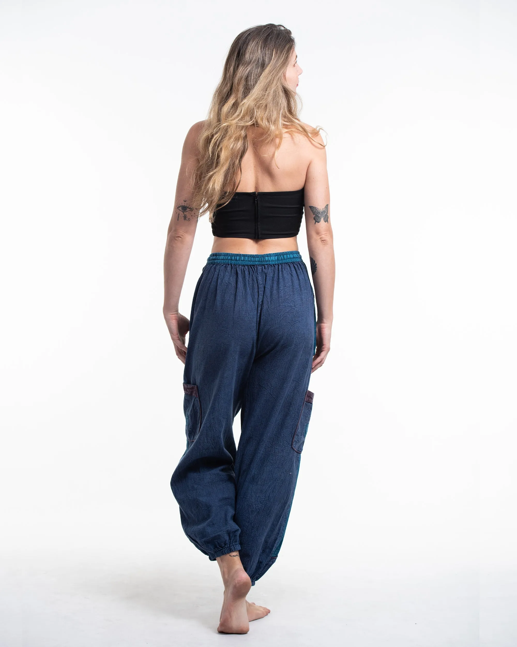 Women's Patchwork Stone Washed Cargo Cotton Pants in Navy 05