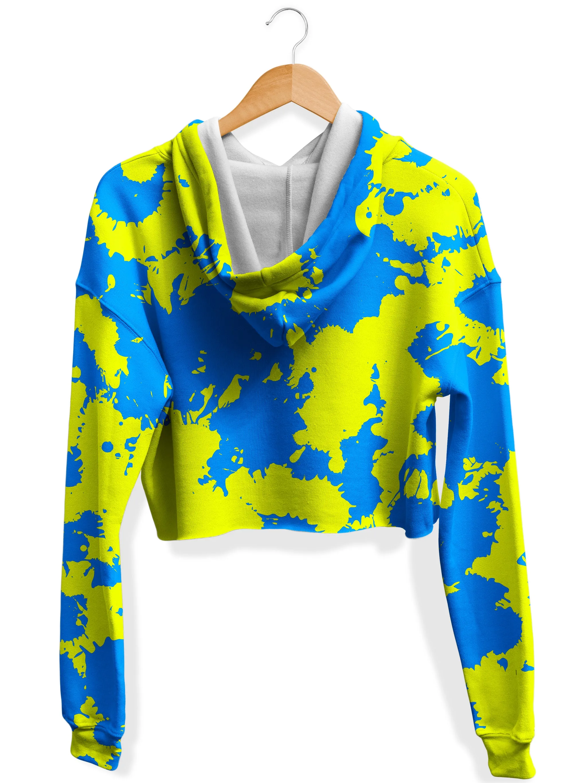 Yellow and Blue Paint Splatter Fleece Crop Hoodie