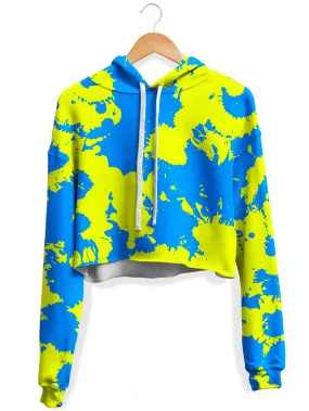 Yellow and Blue Paint Splatter Fleece Crop Hoodie